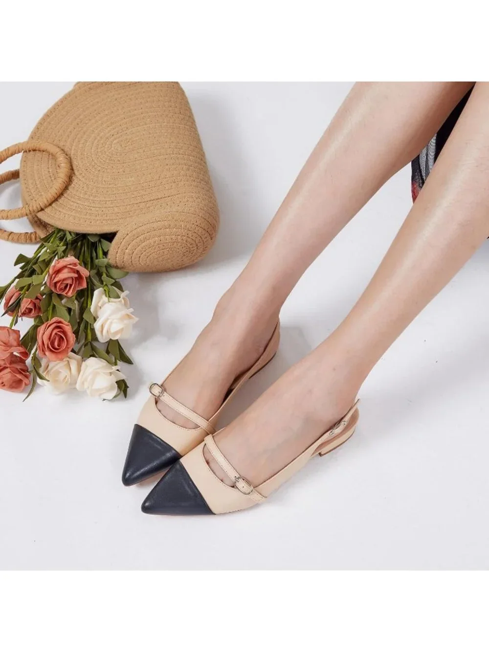 Women's Black Nude Slingback Flats With Rhinestone Pointed Toe Backstrap Shoes